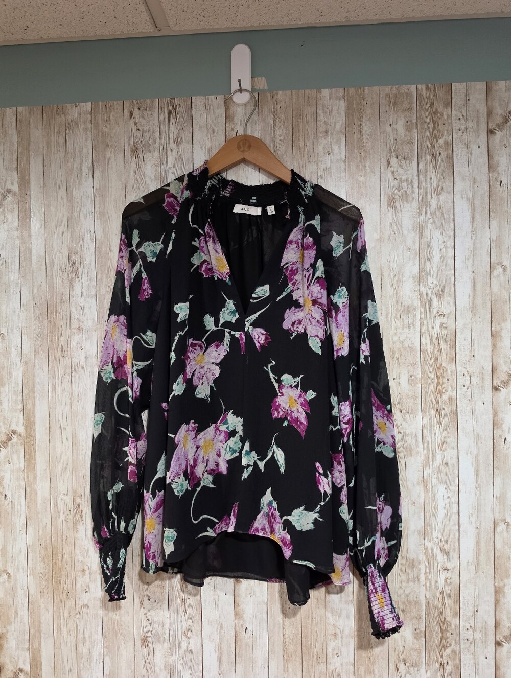 ALC Top Womens Black Pink Multi Floral Silk Venetia Sheer Sleeve 10 Venetia